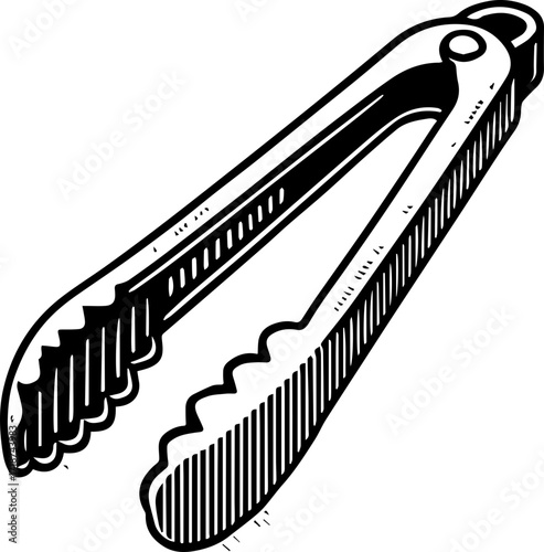 Illustration of a pair of metal tongs with scalloped edges and striped detailing in black and white style