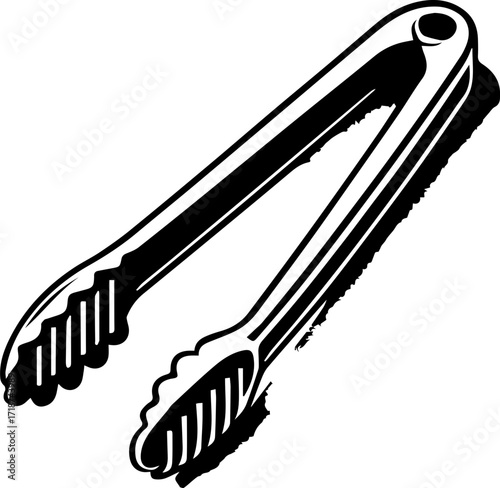 Illustration of a pair of metal tongs with scalloped edges and a hole at the top, casting a shadow to the side