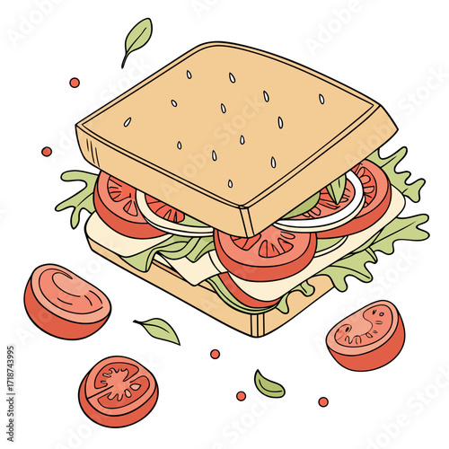 Square sandwich with flying tomato slices and leaves on white background