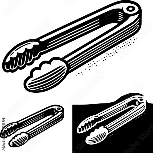 Illustration showing multiple views of kitchen tongs in black and white with a woodcut style effect
