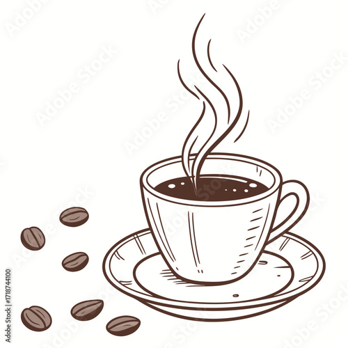 Steaming Coffee Cup and Scattered Beans saucer