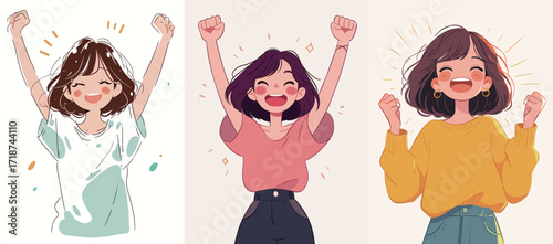 A young woman shows various joyful expressions, celebrating moments with raised arms and cheerful smiles. Her outfits change, reflecting excitement and happiness.