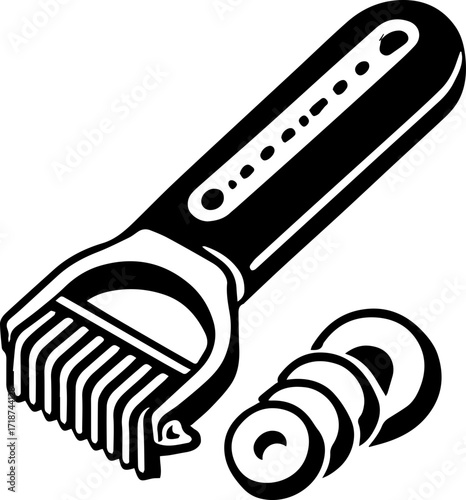 Illustration of a pasta cutter with multiple blades and a stack of cut pasta pieces in black and white