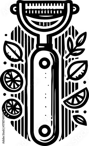 Illustration of a citrus juicer surrounded by leaves and citrus fruit slices in black and white style