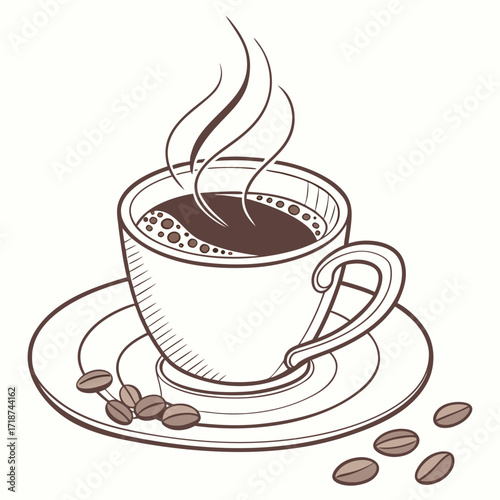 Steaming Cup of Coffee with Scattered Beans saucer