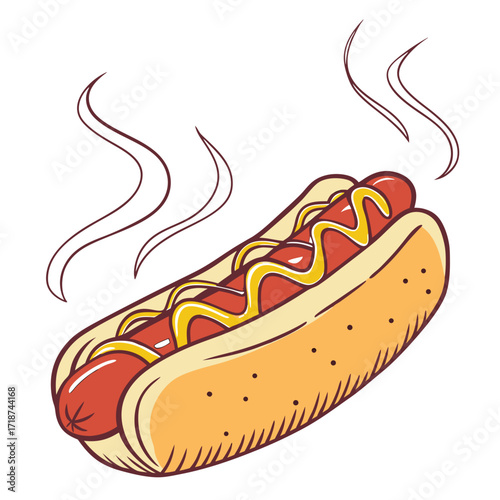 Steaming Hot Dog with Mustard in a Bun sausage food