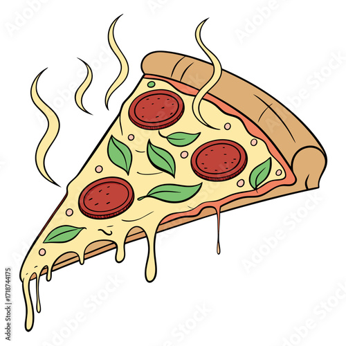 Steaming slice of pepperoni pizza with basil and cheese