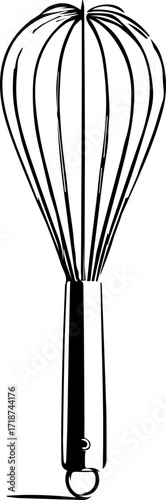 A simple black and white line drawing of a whisk with a cylindrical handle and wire loops at the top