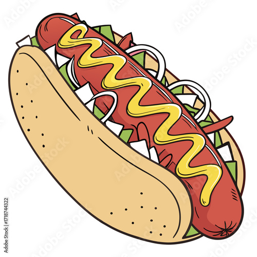 Stylized hot dog with mustard and onion on white background Keywords: hot dog, cartoon