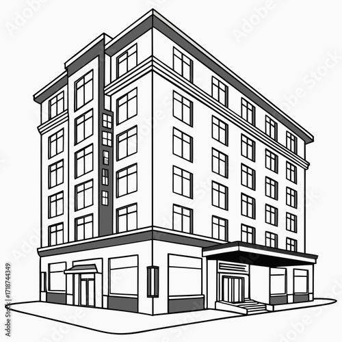 Stylized Illustration of a Corner Hotel Building Keywords: hotel, building, illustration