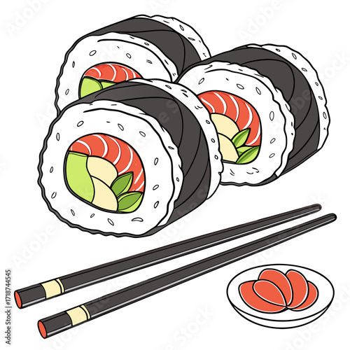 Sushi rolls with chopsticks and pickled ginger on white background