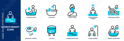 Hydrotherapy Blue Colored Outline Icon Set