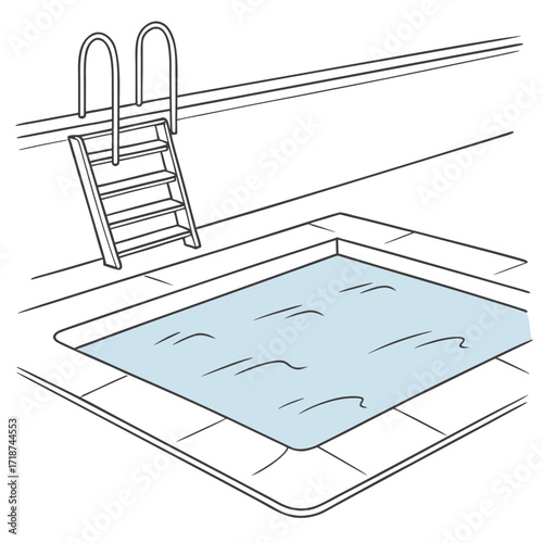 Swimming Pool with Wooden Ladder and Tiled Surroundings Keywords: swimming pool, water, ladder