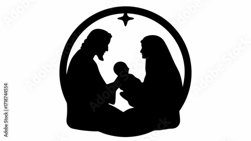 Silhouette of the holy family with baby jesus mary and joseph under a star in a circular frame design