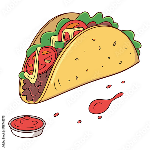 Taco with Salsa and Spilled Sauce Keywords: taco, food, mexican food, cartoon, illustration