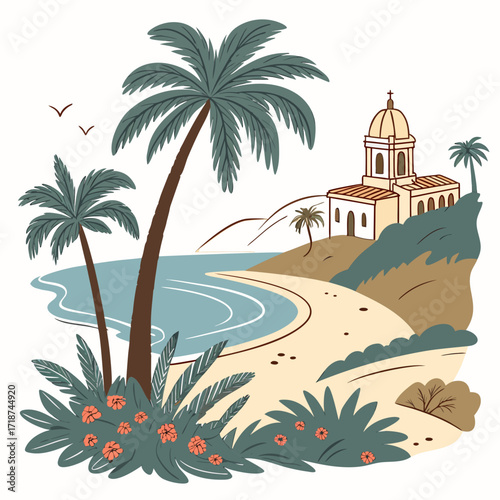 Tropical beach with church and palm trees on white background Keywords: beach, tropical, palm