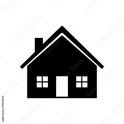 Simple black house silhouette stands against a white backdrop, representing home, shelter, and basic architectural form with clean lines and minimalist aesthetic.
