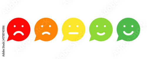 five different colors and moods smiles, speech bubble solid vector icons set