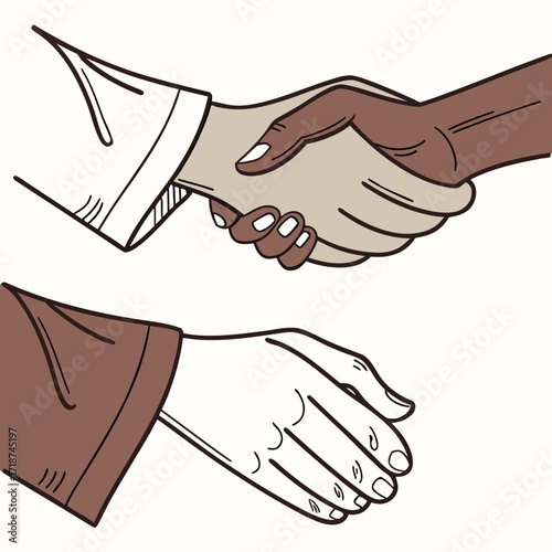 Two separate handshakes and a handshake gesture on a light background