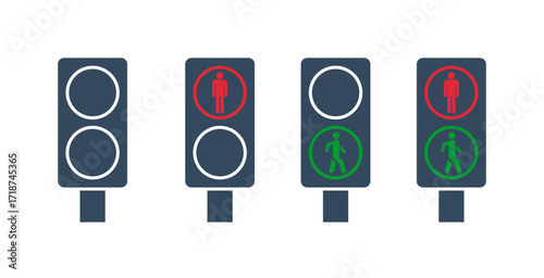 red green pedestrian traffic lights vector icons set, pictograms collection isolated on white background, stop or danger, waiting or attention, go or walk
