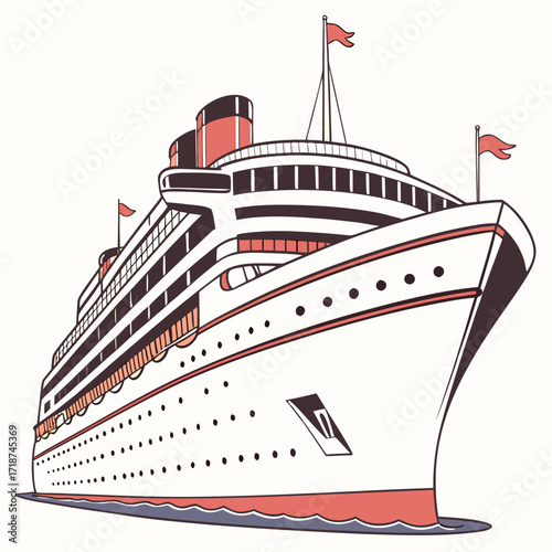 Vintage cruise ship with red flags and smokestacks Keywords: cruise ship, ocean liner, vintage