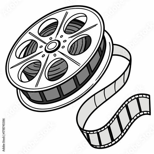 Vintage film reel with unwound film strip movie cinema