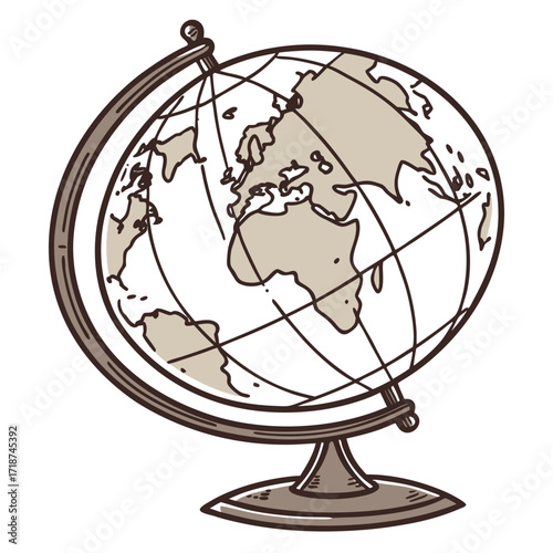 Vintage Globe With Continents and Meridians on a Stand