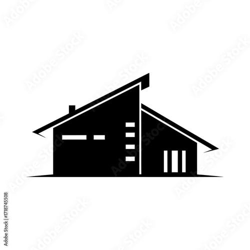 Modern house stands silhouetted against a white sky, showcasing its unique architectural style with clean lines and geometric shapes, creating a minimalist and contemporary vibe.
