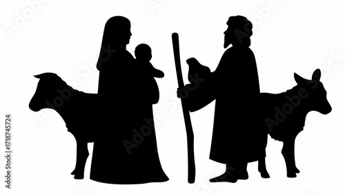 Silhouette of mary holding baby jesus with joseph sheep and donkey in a nativity scene depiction