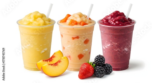 Colorful Fruity Smoothie in Plastic Cups, Refreshing and Delicious Drink