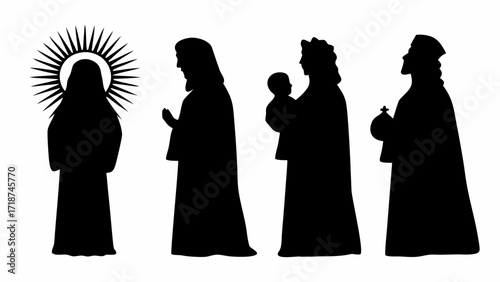 Silhouette of the nativity scene with mary jesus and three wise men in black on a white background