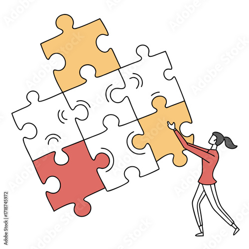 Woman assembling a large jigsaw puzzle with colored pieces