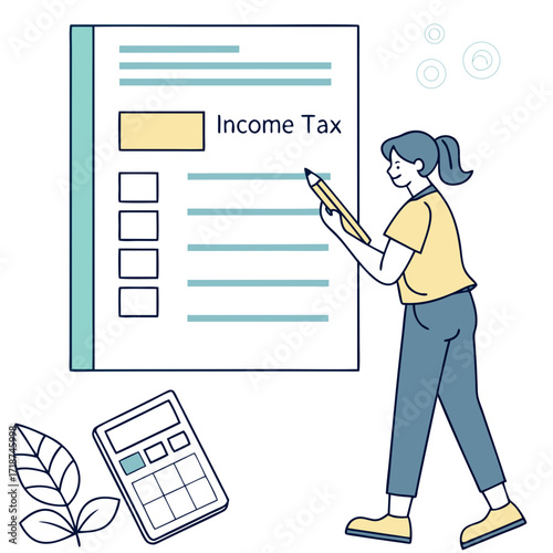 Woman filling out income tax form with calculator finance