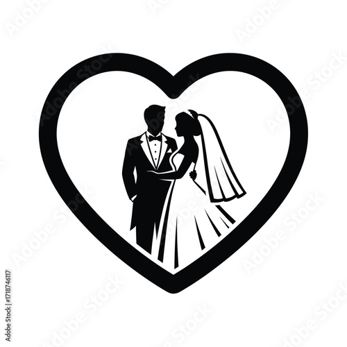 Vector illustration of illustration of silhouette of bride and groom in a heart shape