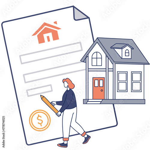 Woman signing home loan document with house and money