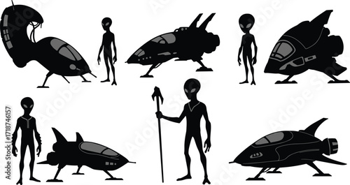 Alien spaceship silhouette set, extraterrestrial beings with UFO spacecraft, futuristic science fiction design, interstellar cosmic art, outer space illustration