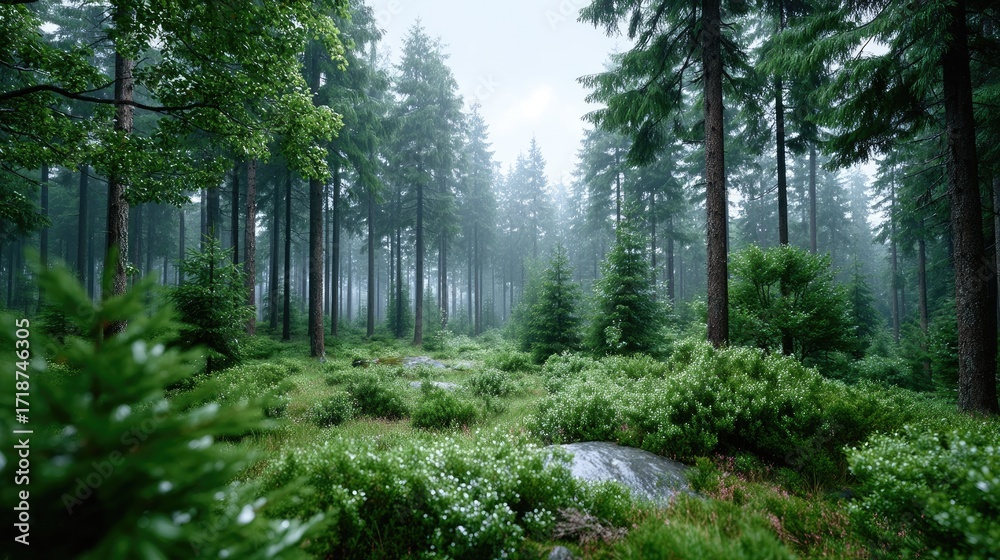Obraz premium Dark Forest Landscape with Morning Mist and Sunlight Filtering Through Tall Evergreen Trees in a Lush Green Environment