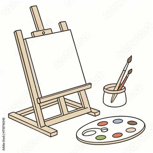 Wooden easel with blank canvas paint palette and brushes