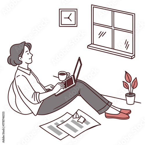 Woman working on laptop by window with plant and clock
