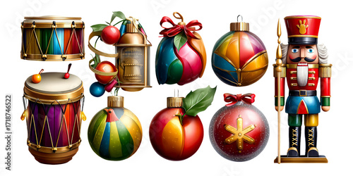Colorful Christmas Ornaments and Decorations with Festive Nutcracker Toy