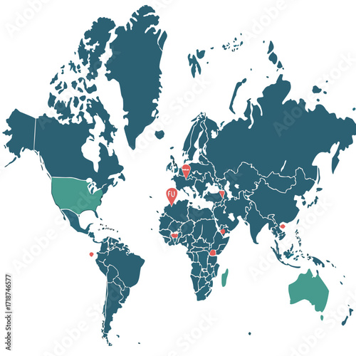 World Map With Location Pins And Colored Regions globe