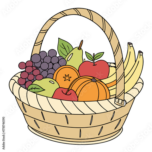 Woven Fruit Basket Filled with Assorted Fruits and Grapes Keywords: fruit basket, woven basket