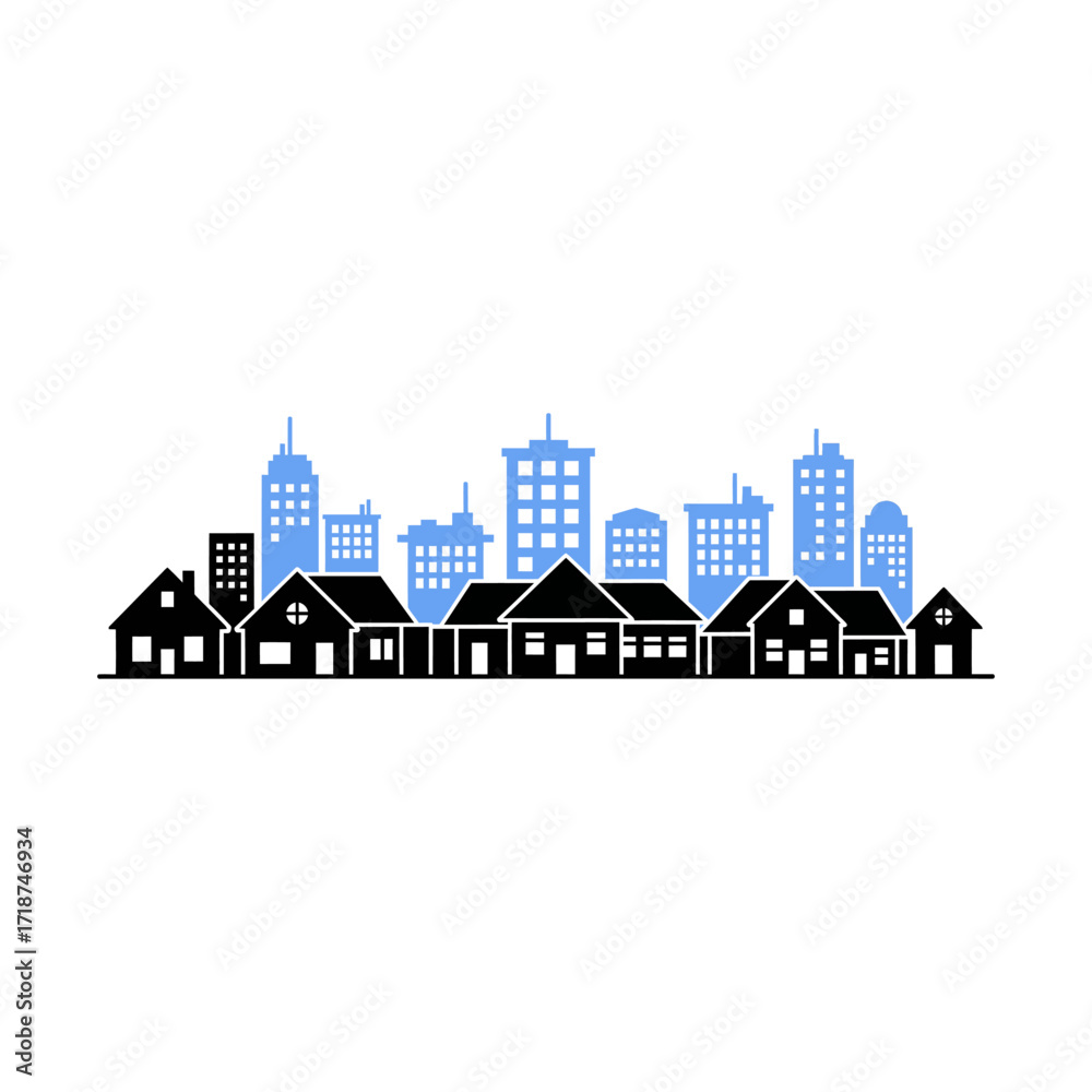 Naklejka premium Cityscape silhouette showcases suburban houses and downtown buildings against a white sky, creating a simple and modern urban scene.