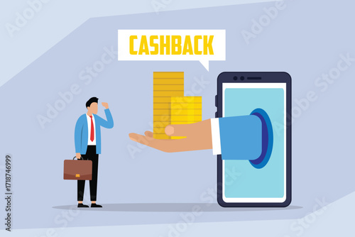 A hand from a mobile phone screen offers a man a cashback reward in the form of gold coins, representing online shopping benefits 2d flat vector illustration
