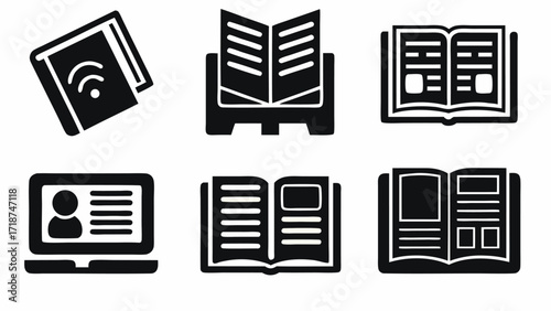 Illustration of a collection of books including an ebook reader and an open laptop with a profile silhouette