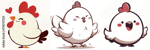 Three charming cartoon chickens showcase a range of emotions, each with a unique design and playful expressions. The vibrant colors and details bring them to life.