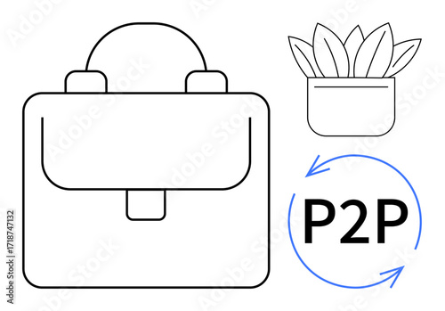 Backpack, potted plant, and arrows surrounding P2P emphasizing peer-to-peer sharing, connection, teamwork, networking, resource exchange, collaboration community and sustainability. Ideal