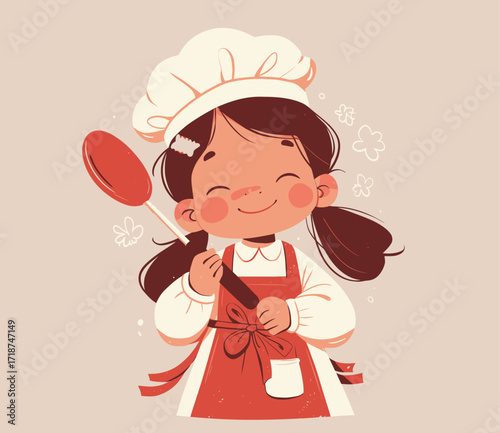 A cheerful young girl dressed in a chef outfit holds a spoon while smiling brightly. She enjoys cooking and radiates happiness in her playful attire, embodying joy.