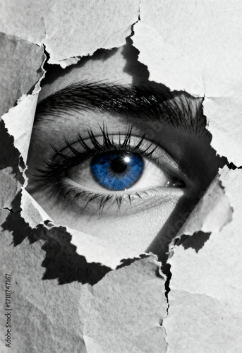 A blue eye peers through a torn paper hole.