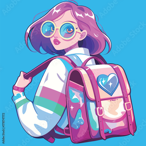 A trendy individual with pink hair and oversized sunglasses wears a stylish jacket. The person holds a fashionable backpack featuring playful designs and colors.